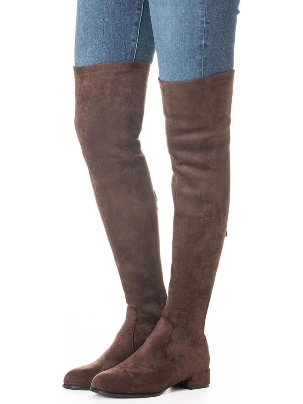 Women's Coffee Brown Pointed Toe Chunky Block Heel Over The Knee High Boots